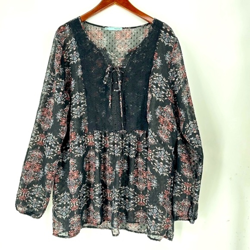 Maurices XXL Top Black Peasant Dotted Swiss Lace Front Sheer Blouse